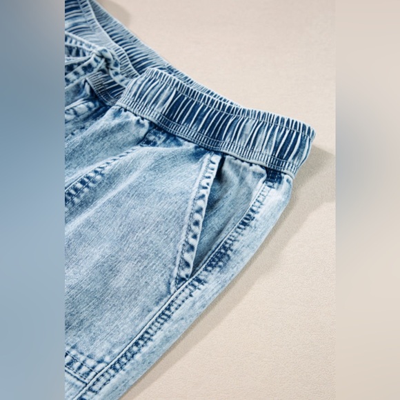 Mineral Wash Drawstring Waist Loose Denim Pants - Picture 4 of 6